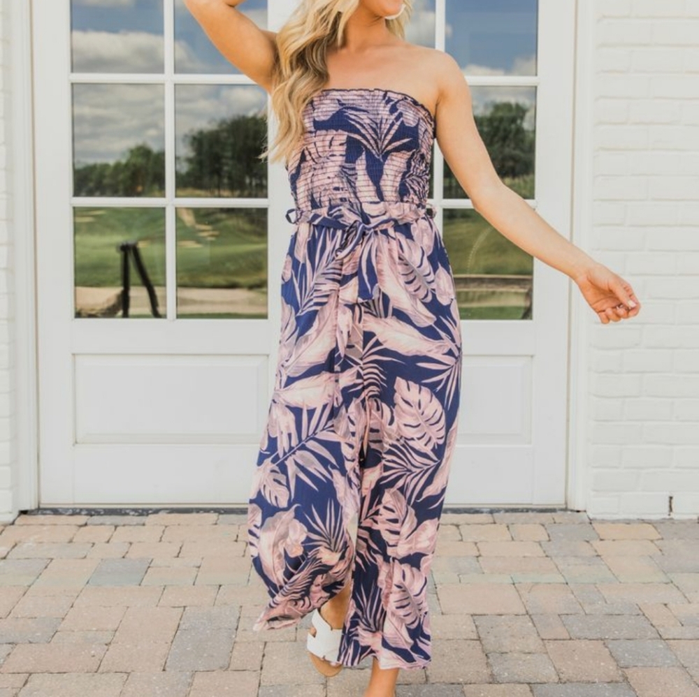 Palm Print Pink lily Navy Strapless Jumpsuit